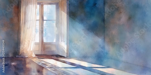Watercolor painting of a bright empty room with light beams from a balcony door.
