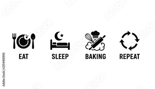 Funny daily routine graphic design illustrating eat, sleep, baking, and repeat with black icons on a clean white background.