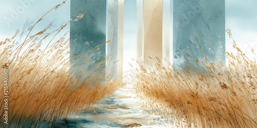 Abstract minimal background with golden dried grass and geometric watercolor pillars