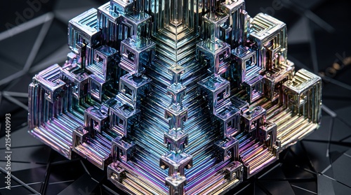 Close-up of a colorful bismuth crystal displaying geometric stair-step structure and metallic iridescence