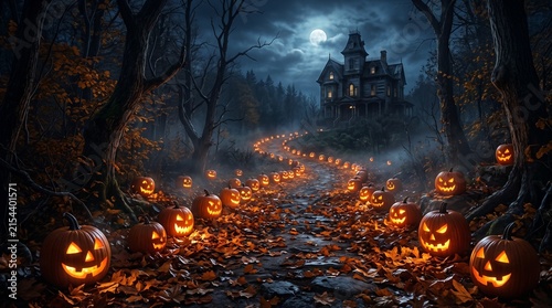 A spooky halloween scene featuring a path lined with glowing jack o lanterns leading to a dark haunted mansion house