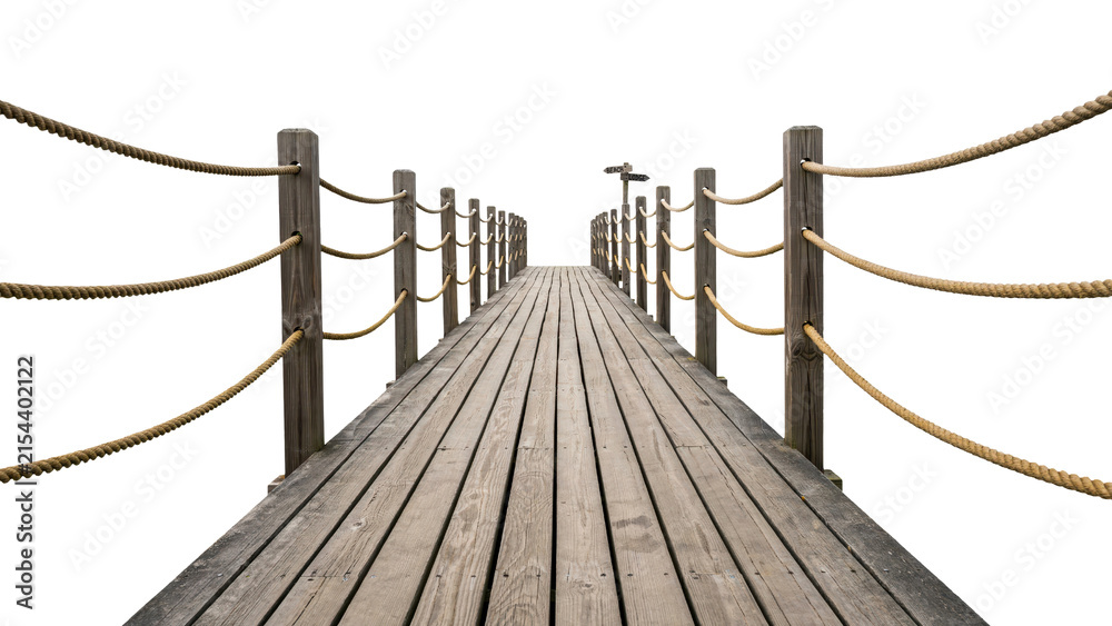 Fototapeta premium Long weathered wooden pier extending forward featuring sturdy posts and thick nautical rope railings leading to a small directional signpost isolated on transparent background