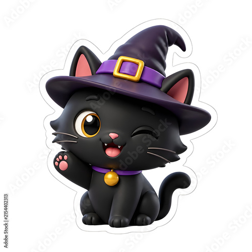 International Cat Day cute black kitten wearing a magical purple witch hat for festive holiday celebration.