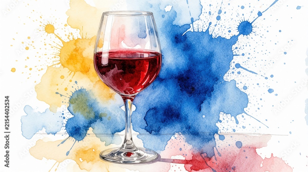 Fototapeta premium Elegant wine glass filled with red liquid rests on white surface. Abstract blue yellow red paint splatters background. Artistic drink illustration.