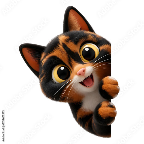 International Cat Day cute calico kitten peeking around corner with happy expression.