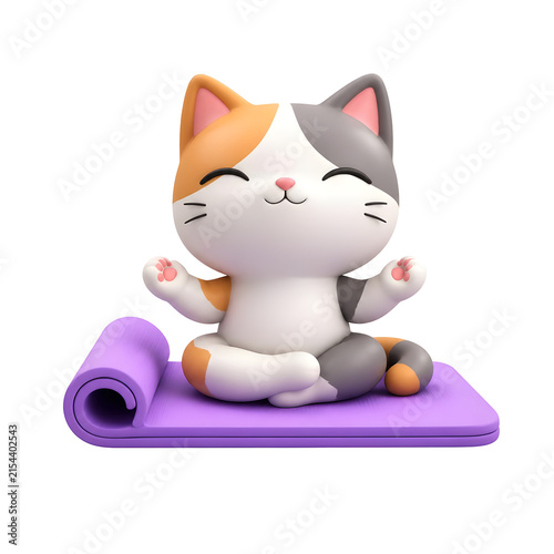 International Cat Day cute calico kitten practicing yoga meditation on a purple mat.