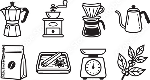 Coffee Brewing Equipment Outline Icon Set with Moka Pot and Grinder
