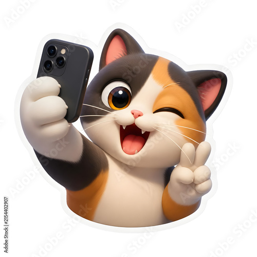 International Cat Day cute calico kitten taking a fun mobile phone selfie with a peace sign gesture.