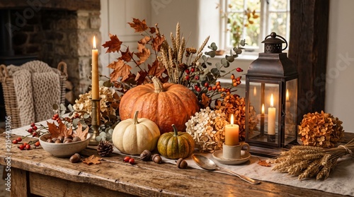 Beautiful rustic dining table decorated with pumpkins and candles for a cozy halloween celebration in a warm home interior setting