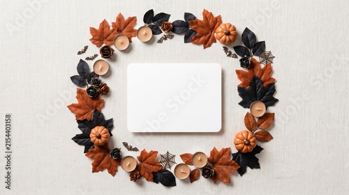 A festive flat lay composition featuring a blank white card surrounded by colorful autumn leaves and pumpkins for halloween