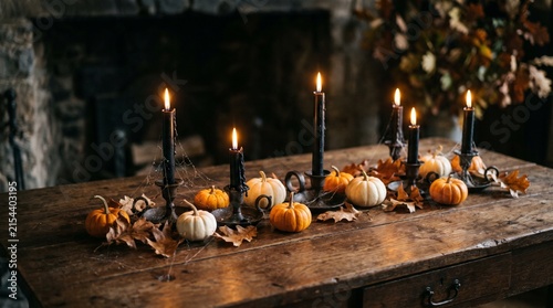 A rustic wooden dining table decorated with glowing black candles and small pumpkins for a festive spooky halloween celebration