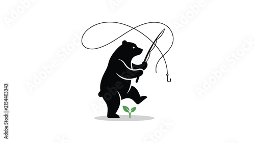 Bear fishing with rod silhouette vector logo design illustration on white background for outdoor adventure and nature concept