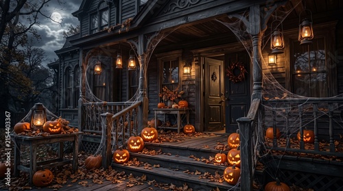 A spooky old house decorated for halloween with glowing jack o lanterns and warm lights on a dark night