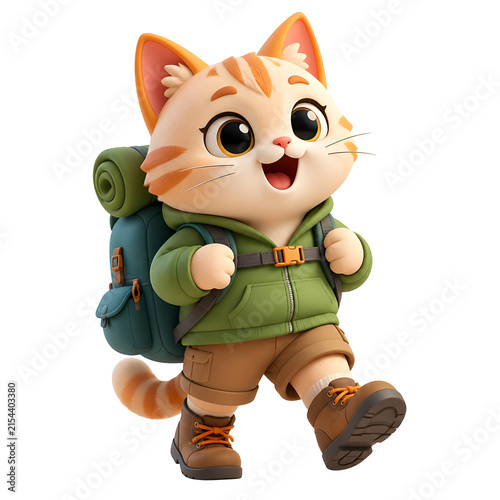 International Cat Day cute ginger kitten explorer wearing a green hoodie and carrying a heavy hiking backpack.