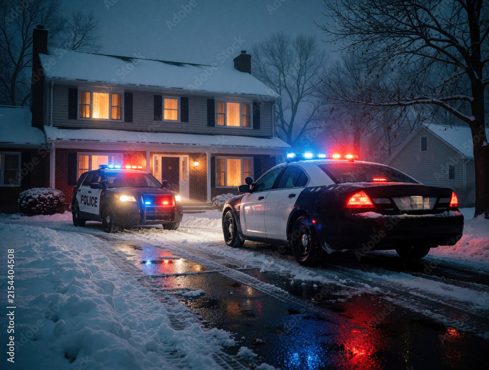 Obraz premium Police cars with flashing lights on snowy driveway at night outside house. Winter scene with emergency vehicles responding to incident. Law enforcement presence on residential street.