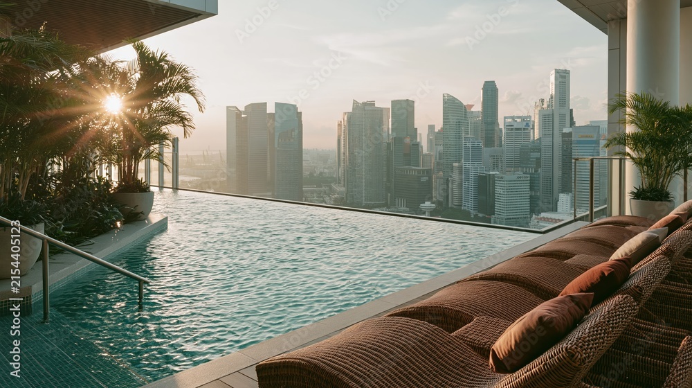 Fototapeta premium Luxury Rooftop Infinity Pool Overlooking a Modern City Skyline at Sunset with Palm Trees