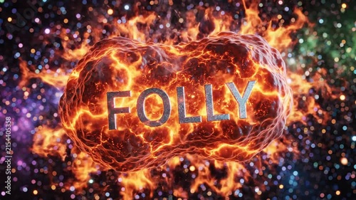 Fiery Heart with the Word FOLLY Burning in Space Scene with Explosive Effects and Cosmic Background