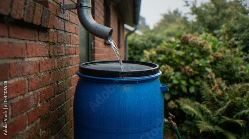 фотографія Rainwater flowing from a metal gutter spout into a blue rain barrel positioned next to a brick wall in a garden