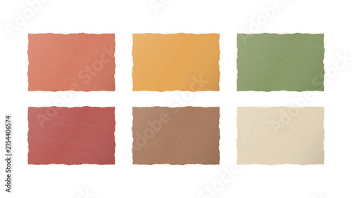 Colorful collection of six textured paper sheets with torn edges and subtle creases transparent background