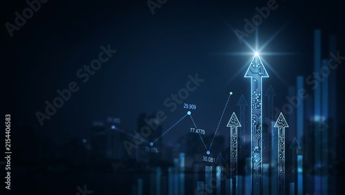 Digital upward arrows and bar graphs against a dark blue abstract background symbolizing financial growth