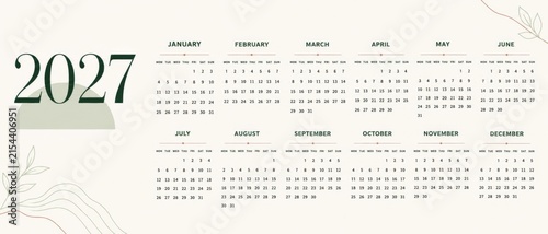 Calendar layout for 2027 with minimalist design elements