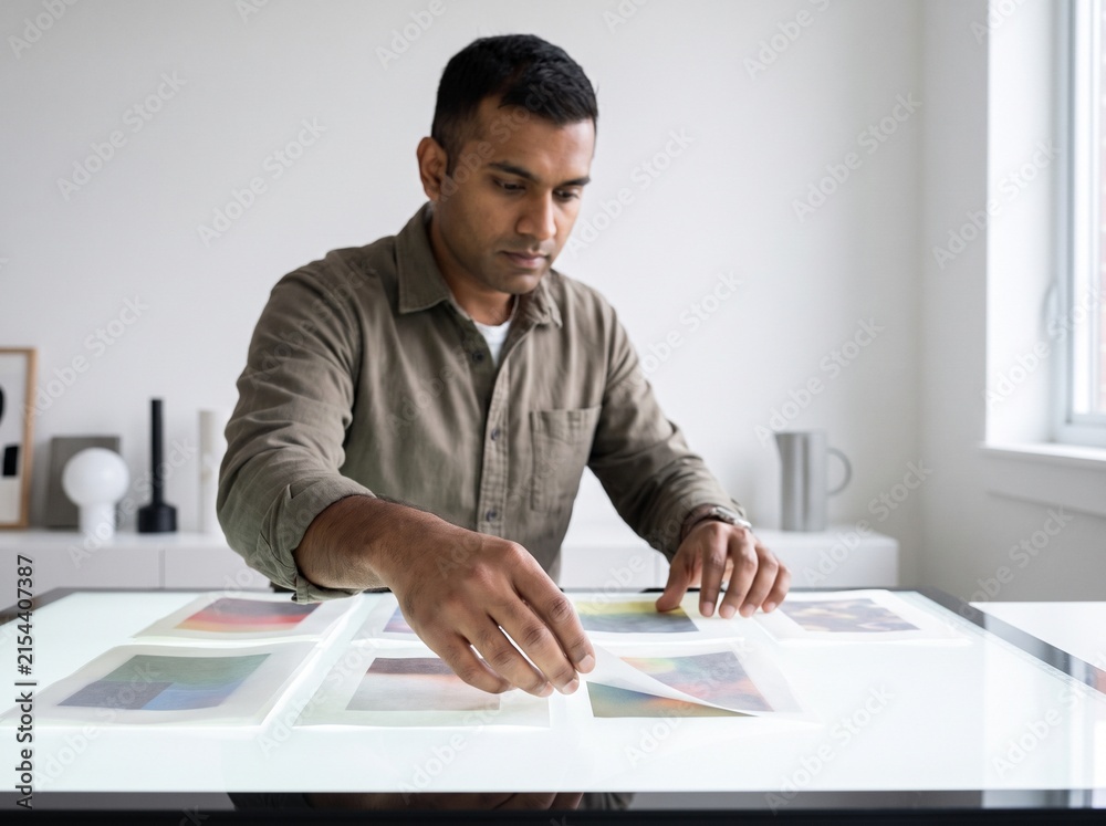 Fototapeta premium Man carefully arranging photographs on a lightbox in a studio.