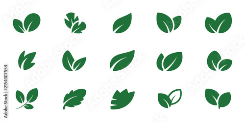 Leaf Sprout Icon set, green leaves, plant, eco, vegan, organic, natural, fresh, healthy, sustainability, and environmental symbols in clean vector style.  