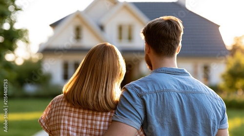 Young Couple Admiring Their New Dream Home on a Sunny Afternoon