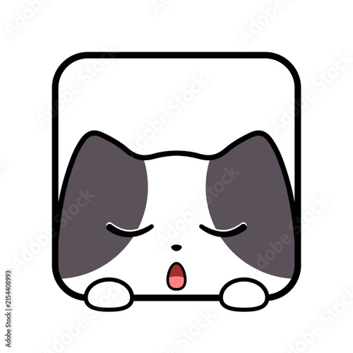 Sleeping cartoon cat with a yawning expression inside a simple square frame icon