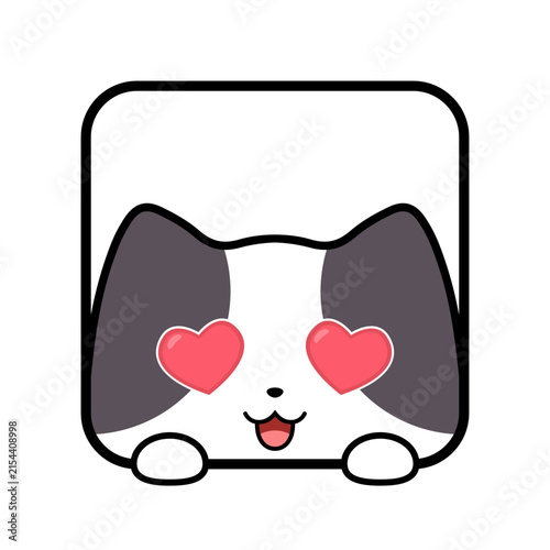 Lovely cartoon cat with heart shaped eyes looking out from a square frame design