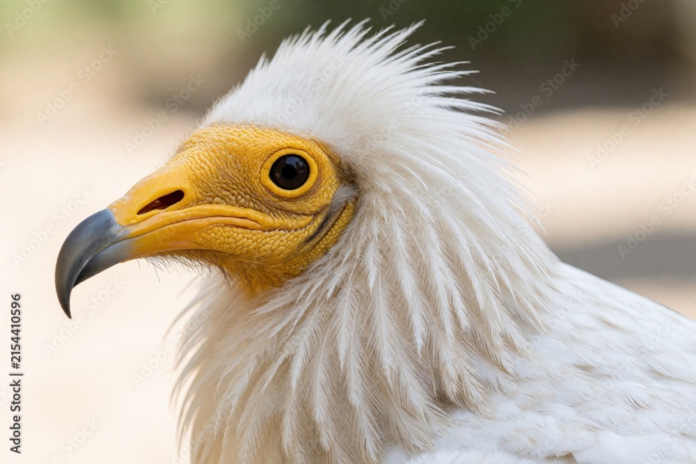Obraz premium White Egyptian vulture with yellow face and bill displays feather detail. Bird of prey has sharp eyes and distinctive head plumage. Scavenger animal in close up wildlife portrait.
