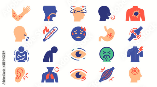 Medical disease symptom icons set showing headache, fever and body pain symptoms, concept for healthcare infographics and medical diagnosis
