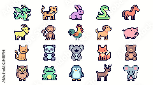 Pixel art animal icon set displaying retro 8-bit graphics, cute pixelated wildlife and colorful creature characters, concept for game development and digital graphic design