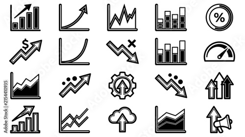 Business graph and chart icon set showcasing financial growth, statistical progress and market trend analysis, concept for data visualization and corporate planning