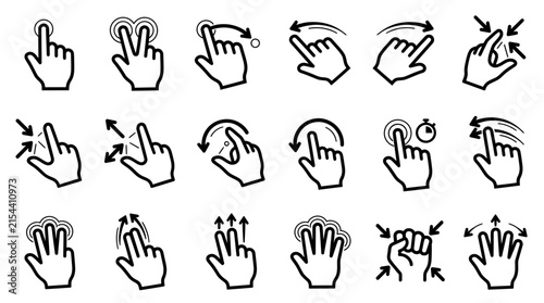 Touch screen hand gesture icons set showcasing tap interactions, swipe directions and multi-finger zoom controls, concept for user interface design and mobile application navigation