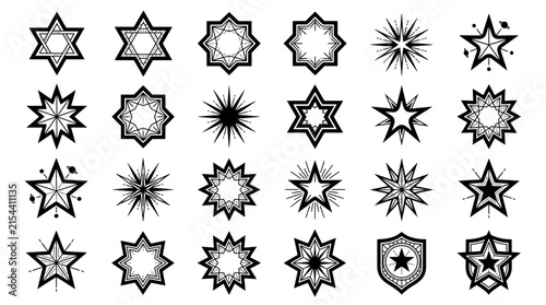 Geometric star icons and celestial design elements showcasing mystical starburst shapes, sacred geometry symbols and decorative badge frames, concept for esoteric branding and logo creation