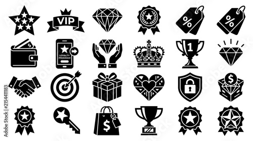 Loyalty program icons and reward symbols displaying customer retention, vip membership benefits and discount offers, concept for marketing strategy and business growth