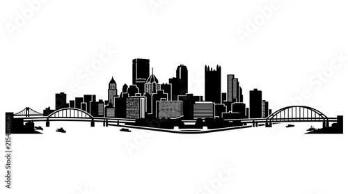Ultra-wide black and white silhouette vector illustration of the Pittsburgh Pennsylvania city skyline featuring iconic skyscrapers and river bridges on a solid white background.
