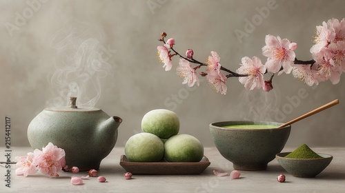 elegant table setting with seasonal Japanese sweets and hot green tea, cherry blossoms softly blurred in the background, photorealistic textures and wide empty space for branding