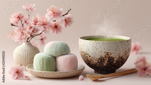 elegant table setting with seasonal Japanese sweets and hot green tea, cherry blossoms softly blurred in the background, photorealistic textures and wide empty space for branding