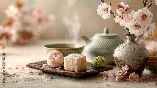 elegant table setting with seasonal Japanese sweets and hot green tea, cherry blossoms softly blurred in the background, photorealistic textures and wide empty space for branding