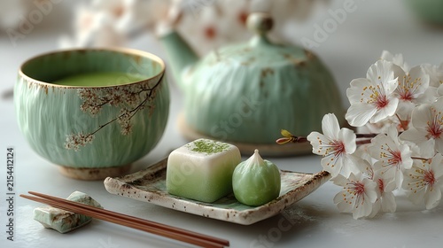 elegant table setting with seasonal Japanese sweets and hot green tea, cherry blossoms softly blurred in the background, photorealistic textures and wide empty space for branding