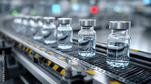 dynamic perspective of pharmaceutical vials moving along an automated conveyor in a modern laboratory, emphasizing precision, technology, and industrial efficiency