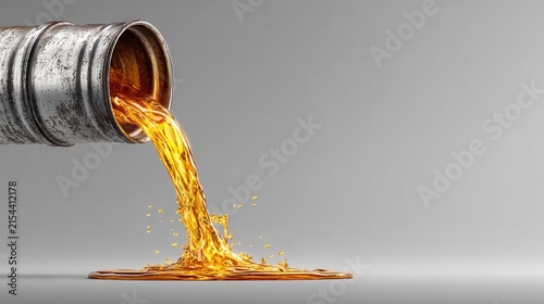 side view of thick black oil plunging from an orange barrel, captured in dynamic 3D liquid motion with realistic splashes and fluid texture 