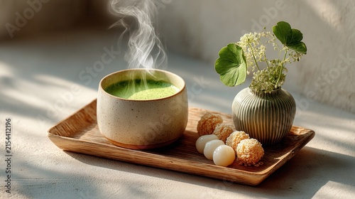 elegant table setting with seasonal Japanese sweets and hot green tea, cherry blossoms softly blurred in the background, photorealistic textures and wide empty space for branding