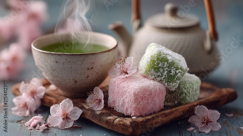 elegant table setting with seasonal Japanese sweets and hot green tea, cherry blossoms softly blurred in the background, photorealistic textures and wide empty space for branding