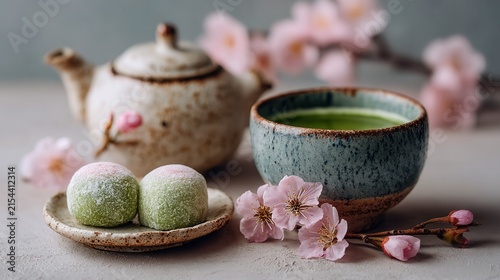 elegant table setting with seasonal Japanese sweets and hot green tea, cherry blossoms softly blurred in the background, photorealistic textures and wide empty space for branding