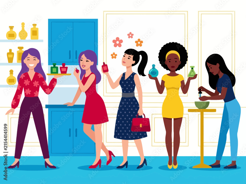 Obraz premium Diverse women testing and making custom fragrances in a modern cosmetic boutique. Vector illustration of a perfume shopping experience.