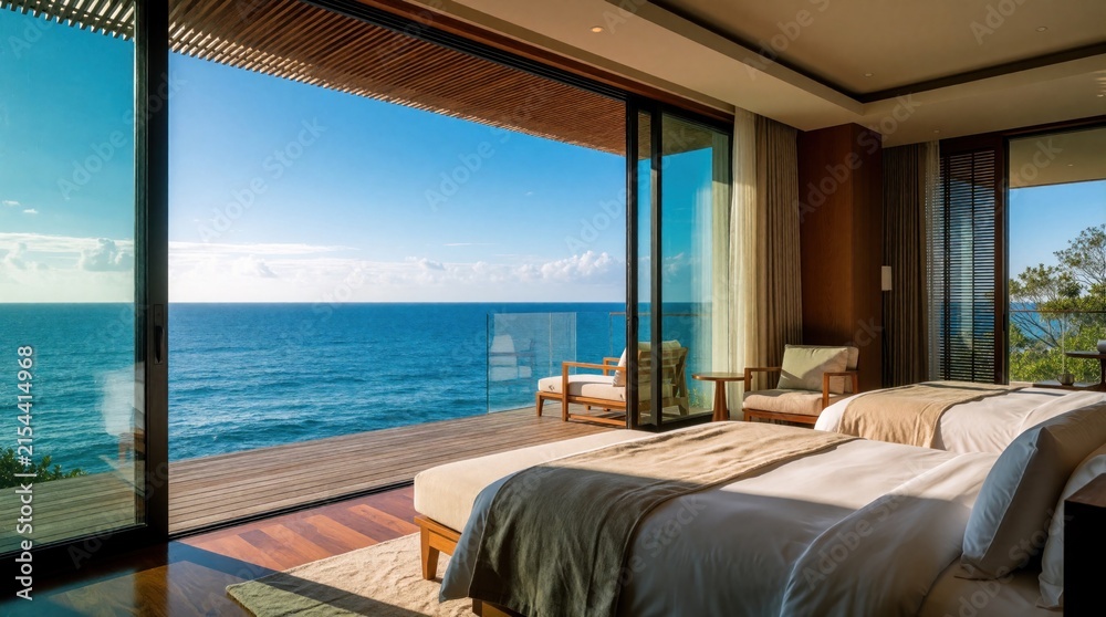 Fototapeta premium Bedroom with twin beds opens to ocean view deck. Glass doors slide open to reveal calm blue sea and sky. Modern luxury hotel room offers peaceful seaside retreat.