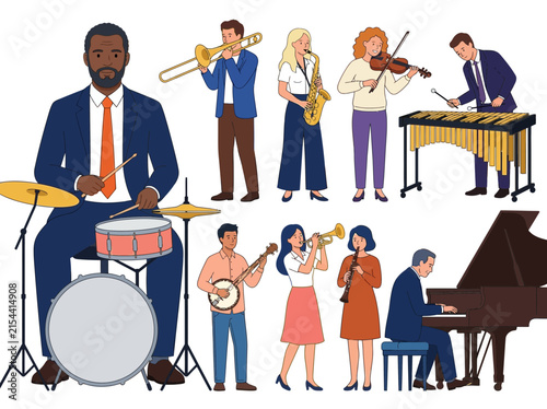 Canvas Print Diverse Musicians Playing Jazz and Classical Instruments Vector Set
